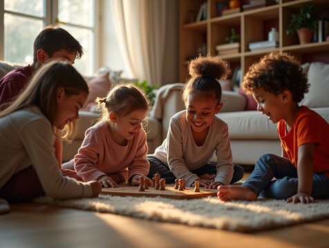 Children playing board game together in cozy living room with warm lighting, no screens or phones, authentic family bonding moment, joyful diverse kids interaction
