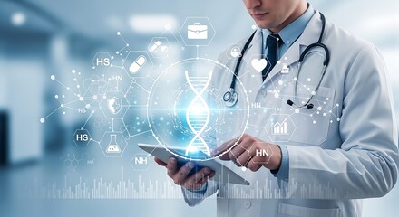 Doctor using tablet with dna helix and medical icons overlayed in a modern hospital environment setting