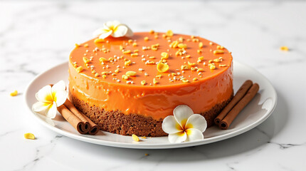 Elegant whole carrot cake topped with edible flowers and cinnamon sticks, styled on white marble, vibrant studio lighting and clean professional food photography