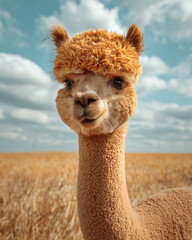 alpaca with funny haircut in field