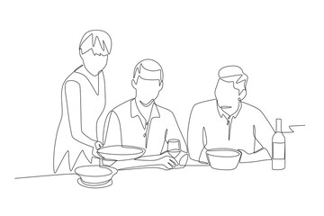 Friends who share food. Sharing meals concept one-line drawing