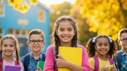 Group of happy diverse elementary school students standing outside. Children with backpacks and notebooks ready for back to school season in autumn. - Powered by Adobe