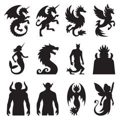 Naklejka premium Vector art of a collection of diverse mythical creatures and fantasy beings depicted in silhouette