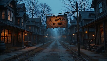 Naklejka premium Spooky Halloween Street Scene with Vintage Banner and Foggy Atmosphere