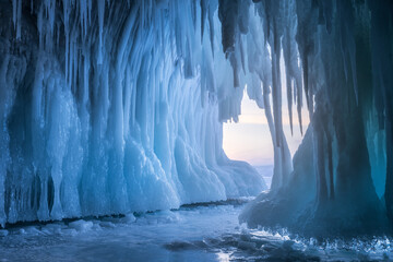View of a frozen cavern with icy stalactites hanging down illuminated by the sunlight, creating a magical winter wonderland, Baikal, Irkutsk Oblast, Russia.