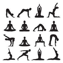 Vector art of a collection of diverse yoga poses depicted as black silhouettes against a white background