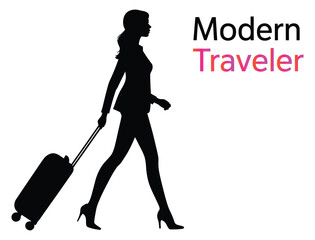 Silhouette of a woman traveling with a suitcase. Female figure with luggage.