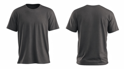 Dark heather gray blank t-shirt mockup showcasing front and back views for apparel design on transparent background