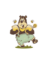 Cartoon character design of a bear holding honey, suitable for branding etc.
