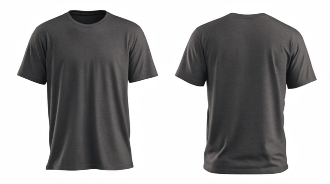 Dark heather gray blank t-shirt mockup showcasing front and back views for apparel design on transparent background