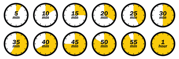 Timer Icons Set Showing Increments From Five Minutes To One Hour Time Management