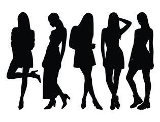 Vector collection of stylish woman silhouettes in casual walking and standing poses