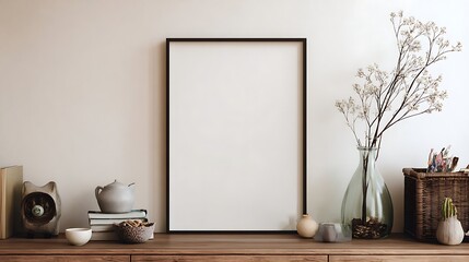 Empty frame on a wooden shelf with decorative objects.