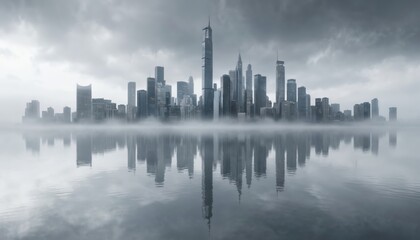 Obraz premium Futuristic city skyline with skyscrapers reflected in calm water. Tall buildings emerge from mist on cloudy evening. Modern metropolis downtown area, urban landscape with dramatic lighting,