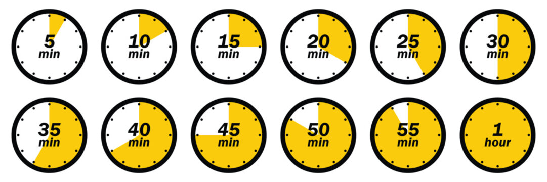 Timer Icons Set Showing Increments From Five Minutes To One Hour Time Management