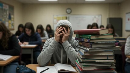 Frustrated student with head in hands in a classroom. Overwhelmed teenage boy feeling stressed from studying with a large stack of books. - Powered by Adobe