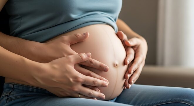 Close-up of an expectant couple's hands on a pregnant belly. Man and woman embracing, showing love and anticipation for their new baby.