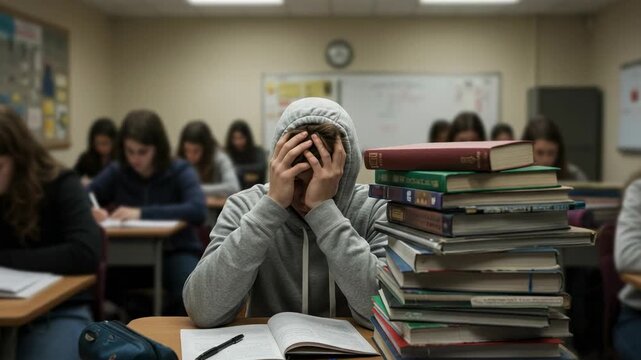 Frustrated student with head in hands in a classroom. Overwhelmed teenage boy feeling stressed from studying with a large stack of books. - Powered by Adobe