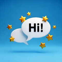 White Speech Bubbles with Golden Stars and Hi Text on Blue Background chat message