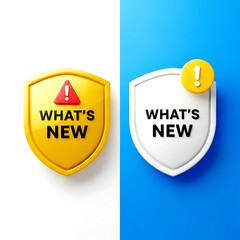 Yellow and white shields with W H A T' S N E W text and exclamation marks what's message