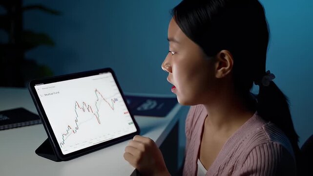 Woman views a stock market chart on a tablet at desk in dark room with blue background - Powered by Adobe