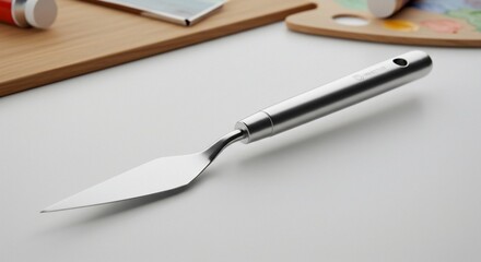 Stainless steel palette knife with paint tubes and wooden palette in background