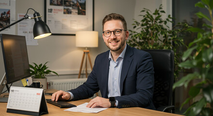 Smiling Professional Man Working at Desk in Modern Office Environment