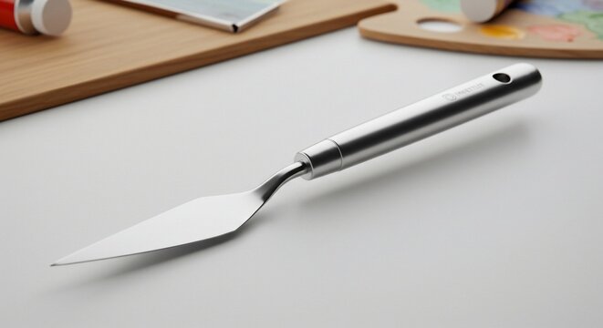 Stainless steel palette knife with paint tubes and wooden palette in background - Powered by Adobe