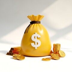Yellow money bag with dollar sign surrounded by gold bars and coins image