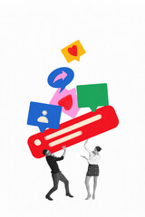 Bold collage with two people lifting red interface bar and feedback icons. Concept of teamwork, interface building, social interaction, emotions in online feedback system.