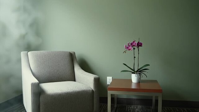 Light-gray armchair and orchid on side table against a green wall, floor patterned