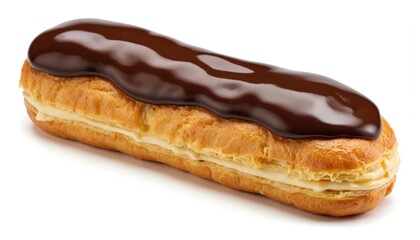 French eclair pastry filled with cream, topped with shiny chocolate glaze. Isolated on clean white background, classic dessert offers delicious sweet treat perfect for bakery promotions, food blogs,