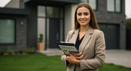 Obraz premium Smiling Female Real Estate Agent Holding Documents in Front of a Modern House