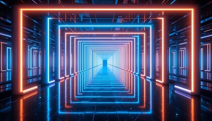 Futuristic Neon Light Tunnel: Cyberpunk Abstract Background with Glowing Blue and Orange Squares for Digital, Gaming, and Technology Concepts