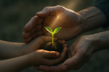 Schmutzige H&auml;nde halten kleinen gr&uuml;nen Keimling im Sonnenlicht