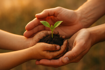 Gemeinsames Engagement &ndash; H&auml;nde tragen Erde mit jungem Pfl&auml;nzchen