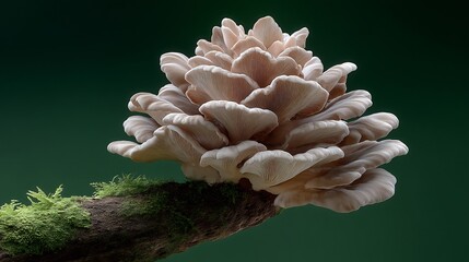 Oyster mushroom cluster growing on a mossy branch against a dark green background
