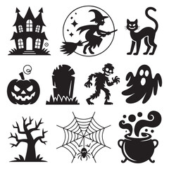 Vector art of a spooky collection of halloween icons including a witch, haunted house, black cat, and pumpkin