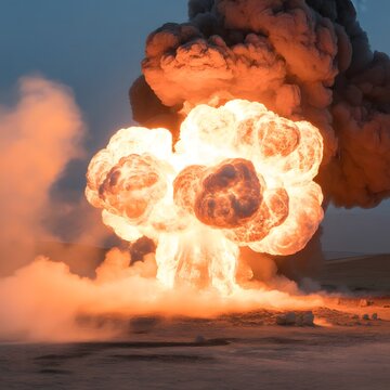 Massive Fire Explosion with Thick Smoke Plumes Rising Against Blue Sky, Capturing Destruction, Power, Heat, and Intense Combustive Energy Burst