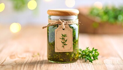 Glass jar of infused thyme oil, labeled with tag