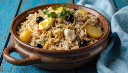 Bacalhau a Bras served in rustic clay pot on blue wood table. Portuguese national dish features shredded salted codfish, crispy potatoes, onions, scrambled eggs, olives, parsley garnish.