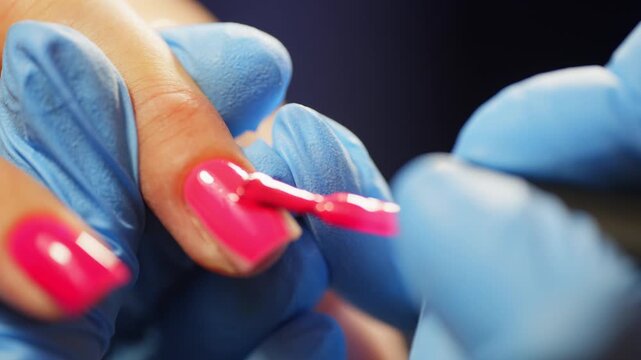 A manicure master applies pink paint to a client's nails close-up. Beauty salon and procedures for the beauty of women's fingers. High quality 4k footage