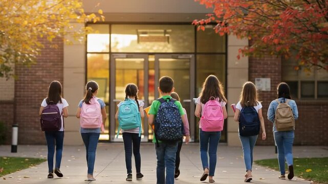 Rear view of a group of elementary school children with colorful backpacks walking towards the school entrance in autumn. Back to school and education concept.