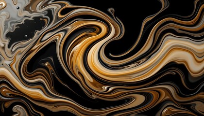 Abstract Fluid Art Swirls in Gold, Bronze, and Black - Mesmerizing Marbled Ink Design Background