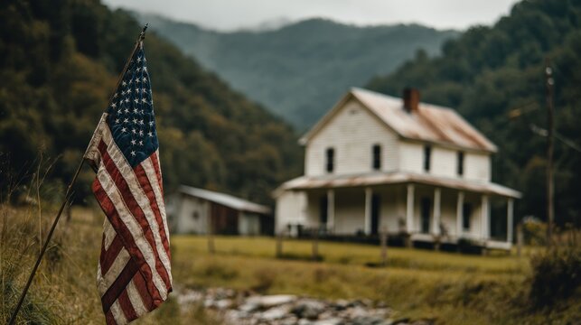 Rustic American flag and farmhouse