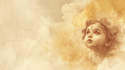 Divine infant Krishna with an innocent gaze, an artistic portrayal for a thoughtful Janmashtami Festival celebration.