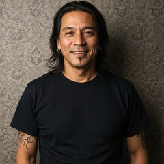 NATIVE AMERICAN, Spanish MAN SMILING STANDING AGAINST A WALLPAPERED WALL. WEARING A BLANK BLACK T-SHIRT. background, happy, standing, confident, face, expression, pose, urban, fashion, model, ethnic