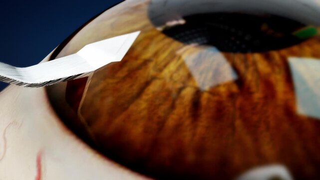 Cataract surgery. Complete surgical procedure with artificial lens implanted in the eye. 3D rendering.