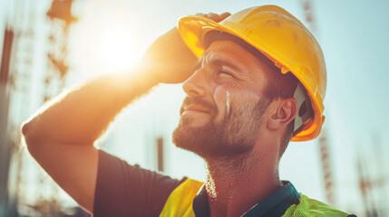 Construction worker in yellow hard hat wipes sweat from brow under bright sun on construction site