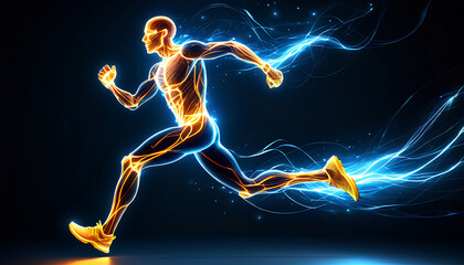 Fototapeta premium Abstract glowing man running, a digital art representation of pure energy